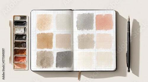 An open sketchbook displaying various watercolor swatches alongside a palette and a pen, showcasing a minimalist and artistic workspace.