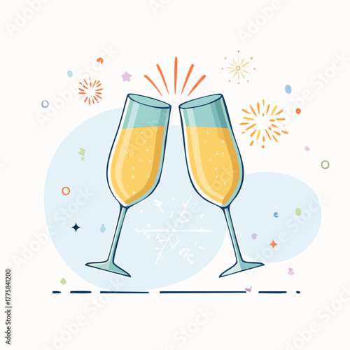 Festive celebration with clinking champagne glasses and colorful fireworks