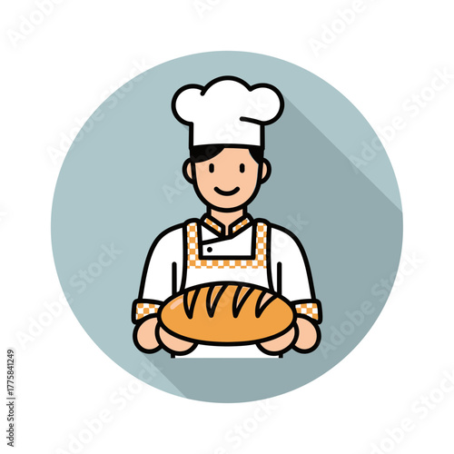 Cartoon baker holding bread loaf inside a light blue circle with shadow.