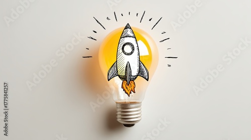 A lightbulb with a rocket illustration symbolizes innovative ideas and creative thinking, representing a launch of inspiration.