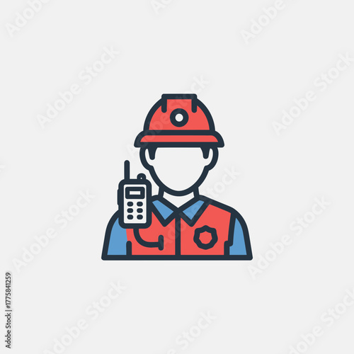 Construction worker icon wearing hard hat and vest holding walkie talkie.