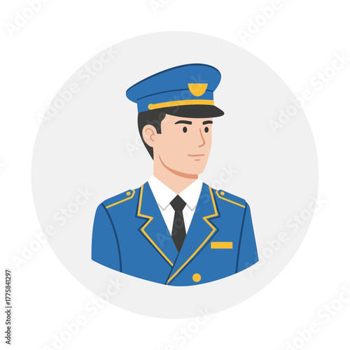 Cartoon man in blue uniform and hat stands against a white background.