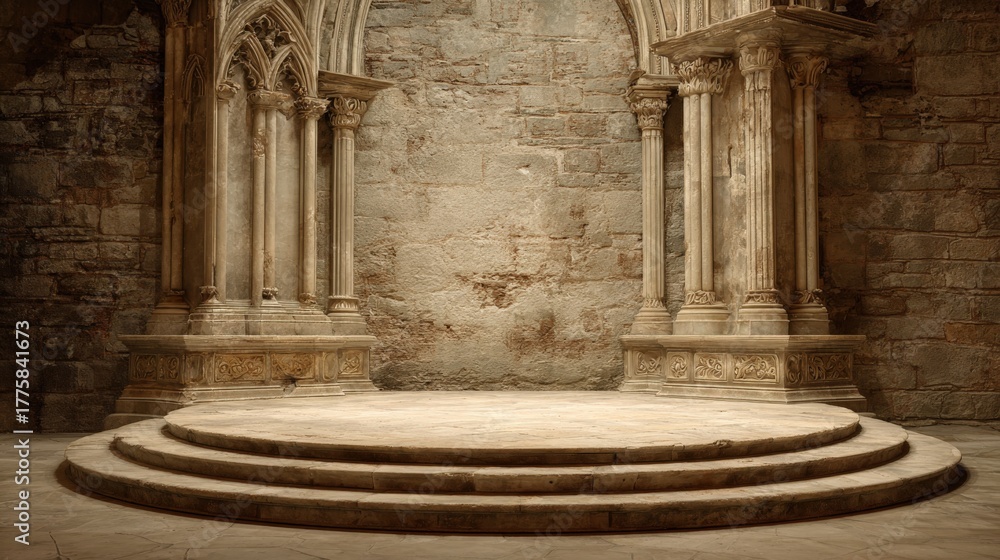 Fototapeta premium Elegant Stone Stage with Arched Columns and Textured Backdrop, Ideal for Presentations and Product Displays