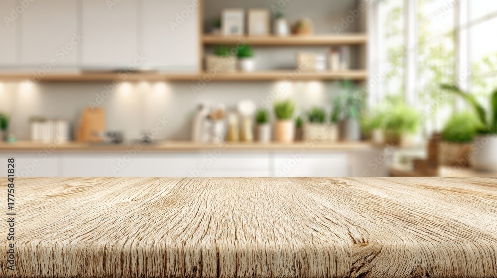 Obraz premium Rustic Wooden Tabletop Overlooking a Bright, Modern Kitchen with Open Shelving and Natural Light