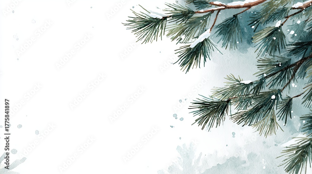 Obraz premium A watercolor illustration featuring a pine branch with a snowy background, evoking a serene winter atmosphere.