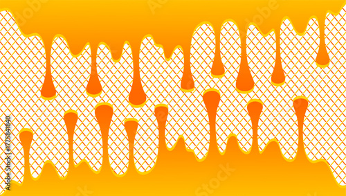 Dripping honey illustration. Honey dripping on waffle  pattern background. Dripped honey illustration. Honey drips on waffe background. Symbol of dripping honey illustration.