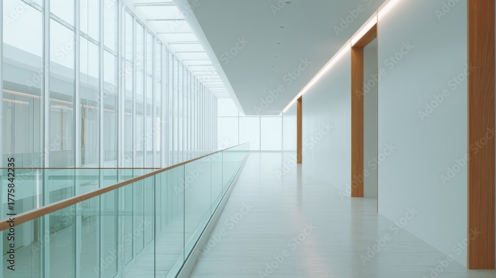 Fototapeta premium Bright Modern Office Hallway with Natural Light and Clean Lines, Featuring a Glass Balustrade and Minimalist Design