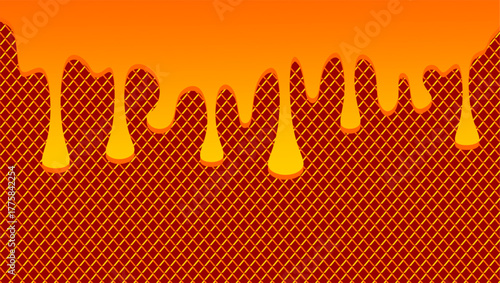 Dripping honey illustration. Honey dripping on waffle  pattern background. Dripped honey illustration. Honey drips on waffe background. Symbol of dripping honey illustration.