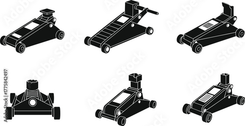 Hydraulic floor jack icon collection, automotive lifting equipment set, black silhouette car jack design, mechanical tool vector illustration for repair service