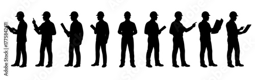 Silhouettes of engineers and construction workers in helmets standing with blueprints, tablets, and clipboards. Professional industrial team illustration in black silhouettes on white background