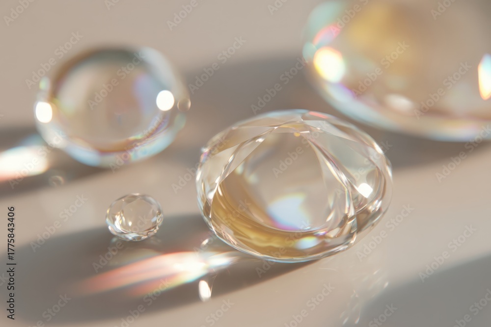 Fototapeta premium Macro Shot of Iridescent Water Droplets on White Surface Showcasing Reflection and Refraction Phenomenon