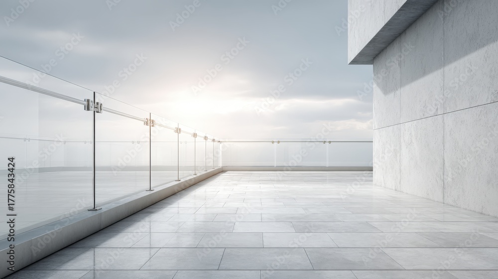 Fototapeta premium Modern architecture featuring an outdoor concrete terrace with frameless glass railing overlooking a cloudy sky
