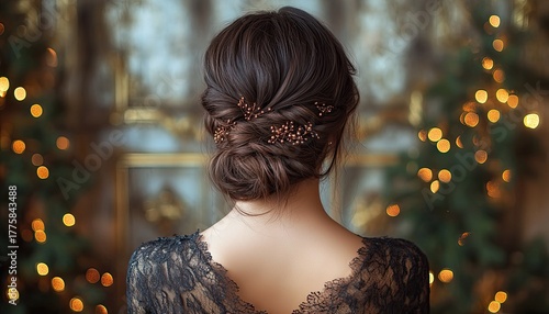 Elegant updo hairstyle with decorative hairpins, seen from the back. For bridal themes, formal events, or hair style advertising use.