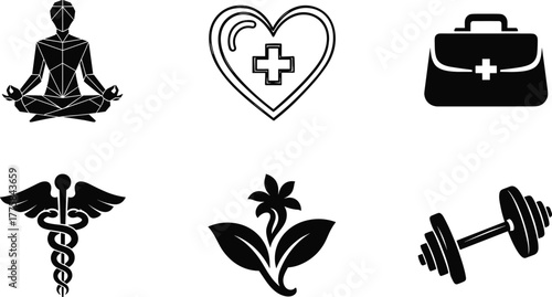 Health and wellness icon set, yoga meditation, medical care, fitness dumbbell, herbal therapy, healthcare and balance vector illustration