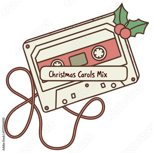 Vintage Christmas carols cassette tape mix with holly, bringing nostalgic holiday cheer, perfect for retro themes, festive playlists, and seasonal promotions