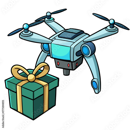 Delivery drone carrying a beautifully wrapped gift, perfect for modern logistics, innovative e-commerce, and cutting-edge tech promotions
