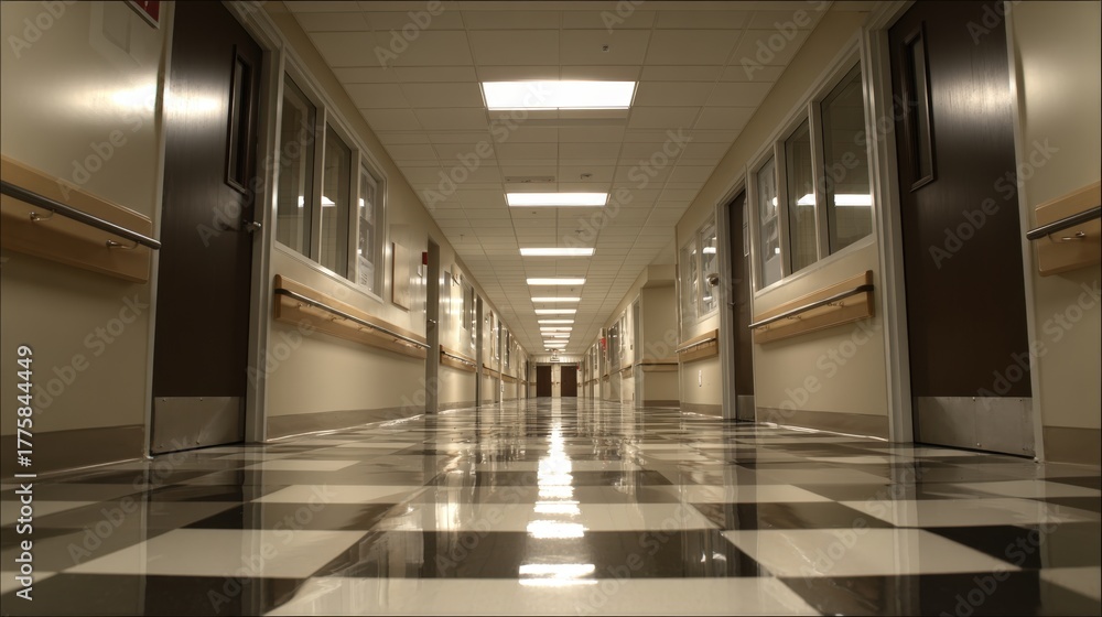 Naklejka premium Endless Hospital Hallway with Checkered Floor and Clinical Setting, Perspective View