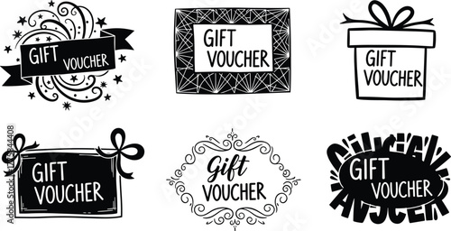 Hand drawn gift voucher collection, decorative coupon design, elegant frame illustration, black and white vector, creative present card template art