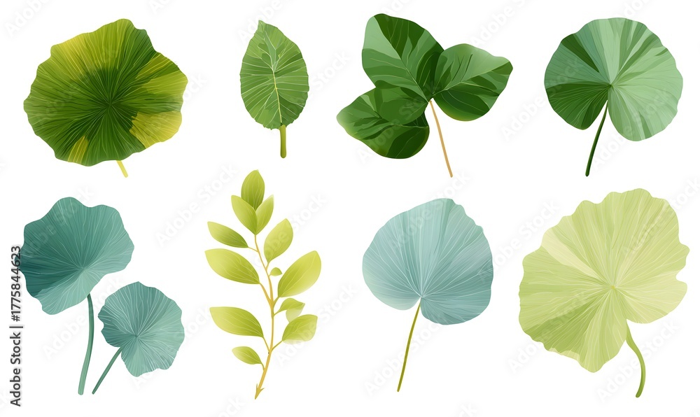 Fototapeta premium flat clipart style vector illustration of a set of 6 different lily pad leaves isolated on a white background