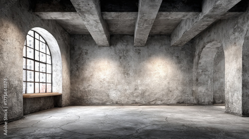 Obraz premium Grungy Concrete Interior with Arched Window and Beams, Ideal for Studio, Loft or Industrial Backdrop