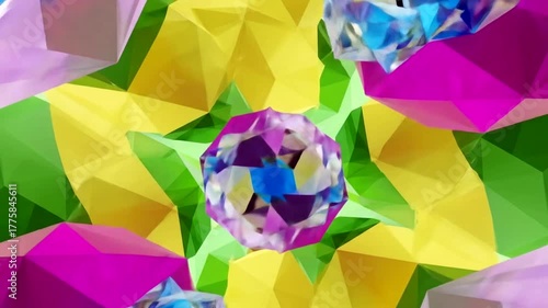 Geometric composition with jewel-like shapes. Bright colors interplay to create an abstract and dynamic effect. The pattern showcases facets