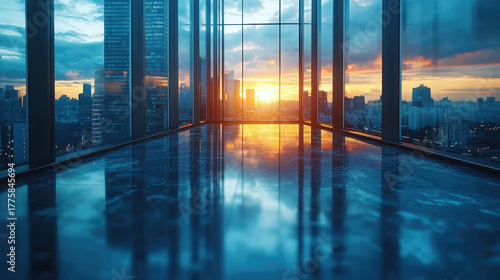 Stunning sunset view from modern office building, showcasing city skyline reflections