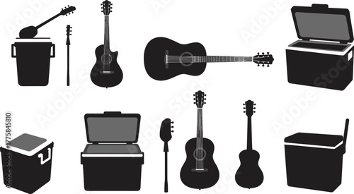 Guitar and cooler silhouettes, black and white icons, musical instruments, outdoor gear, acoustic and electric styles, isolated vector illustrations