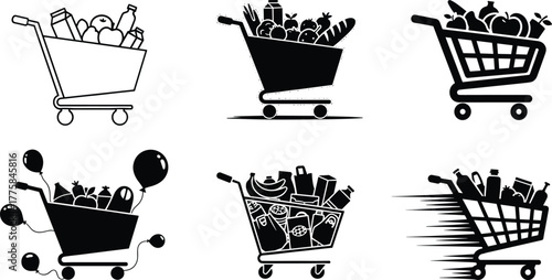 Grocery shopping cart vector set, supermarket basket illustration, retail store concept, food and drink items, market purchase design icons.