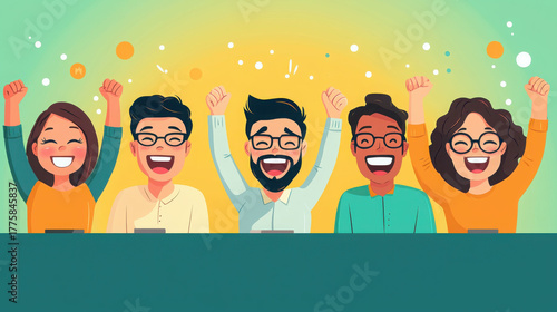 Celebrating corporate team success with joy and excitement in colorful cartoon style