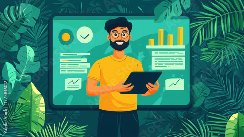 Cartoon style startup founder presenting pitch with data analysis in lush environment