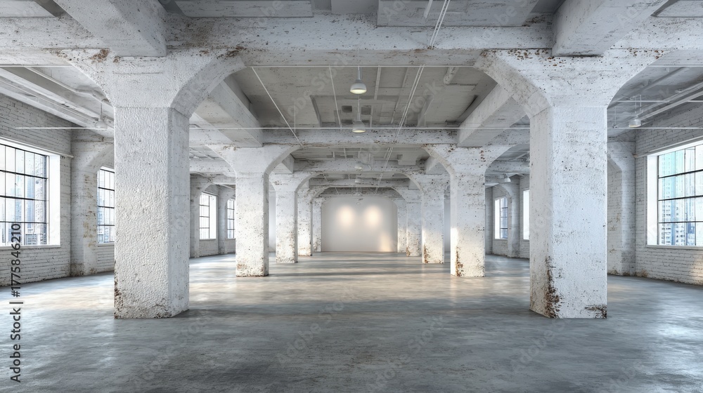 Fototapeta premium Expansive Industrial Interior with Concrete Columns and Natural Light, Ideal for Loft Conversion or Commercial Space