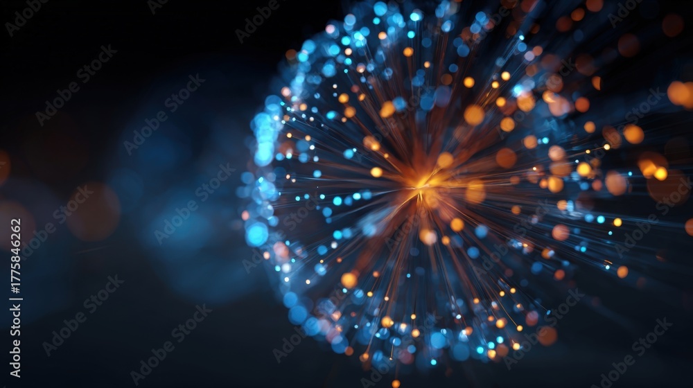 Fototapeta premium Abstract Particle Burst with Blue and Orange Bokeh, Suitable for Tech or Science Visuals