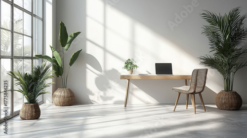 Serene workspace featuring wooden desk, chair, and potted plants, creating calming atmosphere