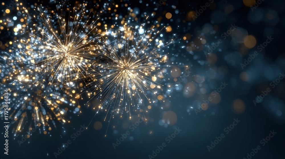 Obraz premium Elegant Gold and White Sparkling Light Bursts on Dark Blue Background for Celebrations and Festive Events