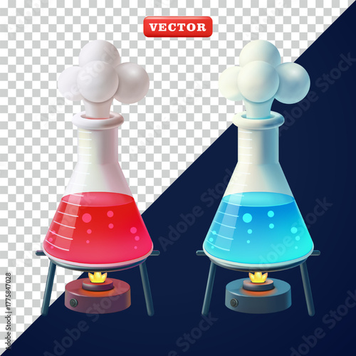 Heating a Boiling Flask Chemical Liquid, 3D vector. Suitable for science and education