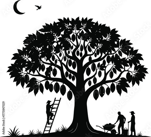 Agricultural harvest tree silhouette, farmers working with ladder, wheelbarrow, tools, crescent moon, rural farming life, nature, outdoor evening scene