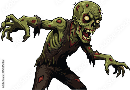 Cartoon zombie with glowing eyes, green decayed skin, sharp teeth, tattered black clothes, horror undead character, Halloween monster, vector illustration