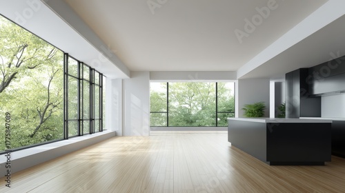 Wallpaper Mural Modern Home Interior with Large Windows Overlooking Lush Greenery and Contemporary Kitchen Design Torontodigital.ca