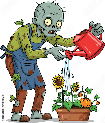 Gardening zombie character, cartoon undead farmer, horror garden illustration, funny monster design, watering plants vector, creepy outdoor theme, humorous Halloween concept art