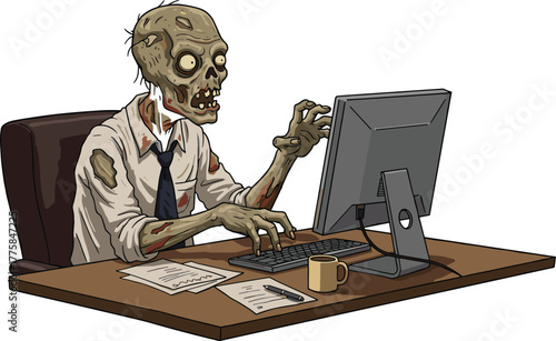 Funny zombie office worker sitting at desk typing on computer, exhausted undead employee illustration, humorous corporate horror concept, Halloween vector art