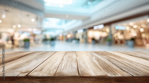 Wallpaper Mural Wooden Tabletop with Blurred Shopping Mall Background: Ideal for Product Display and Retail Marketing Torontodigital.ca