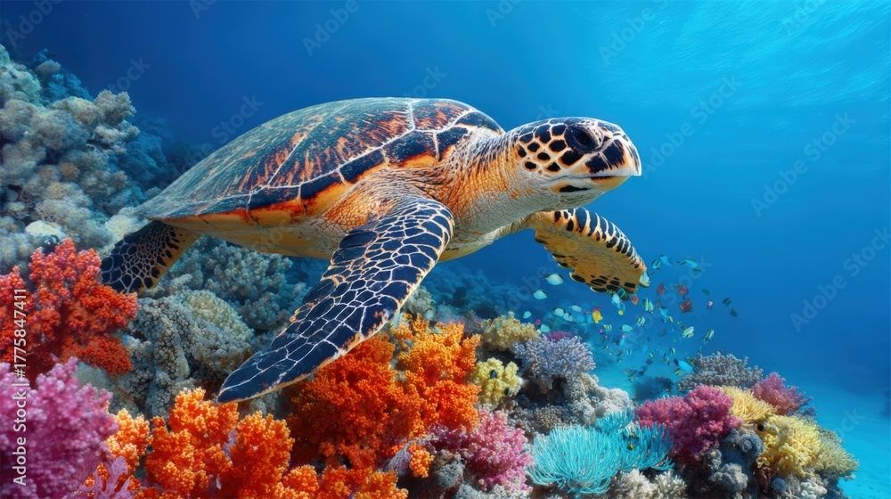 Obraz premium Sea Turtle Swimming Gracefully Above Vibrant Coral Reef, Underwater Marine Wildlife Photography