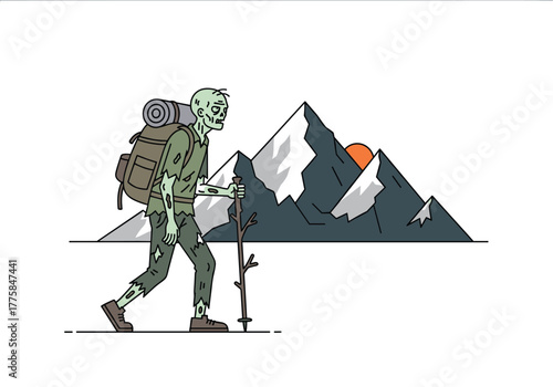 Mountain hiker, outdoor adventure, scenic travel, nature exploration, walking stick, backpack gear, sunrise view, vector illustration, hiking journey, wilderness trek