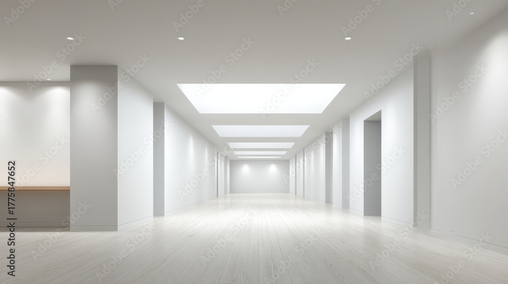 Fototapeta premium Bright, Modern Interior Hallway with Clean Lines and Minimalist Design, Ideal for Office Building or Gallery