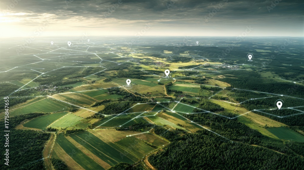 Obraz premium Aerial View of Green Landscape with Location Pins, Illustrating Connectivity and Future Development