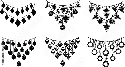 Geometric hanging lamp vector set, modern pendant light silhouettes, decorative ceiling lighting illustration, polygonal chandelier design, interior decor element art