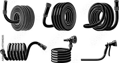 Garden hose collection, coiled water hose set, flexible irrigation pipe with nozzle, outdoor watering equipment illustration, plumbing and gardening tool vector