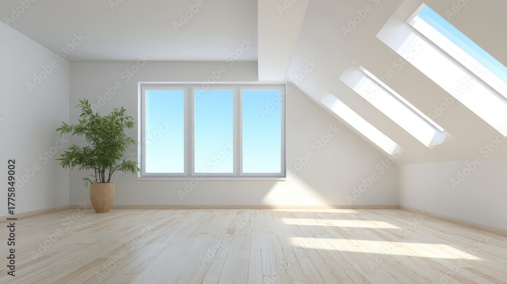 Fototapeta premium Bright Modern Attic Interior with Large Window, Plant and Wooden Floor in Minimalist Style, Featuring Natural Light