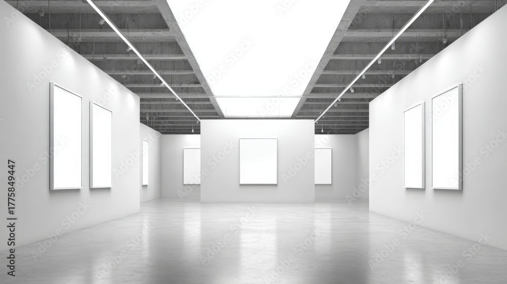 Fototapeta premium Symmetrical Modern Art Gallery Interior with Blank White Canvases for Exhibition and Display