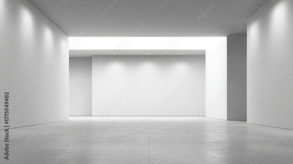 Obraz premium Minimalist Interior Design: Empty White Gallery Space with Modern Lighting, Ideal for Art Exhibition and Showcases